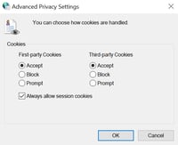 Advanced Privacy Settings window displaying cookie controls with Accept selected for first-party and third-party cookies and session cookies allowed