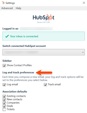 The HubSpot Sales Outlook desktop add-in track and log settings seen from Outlook.