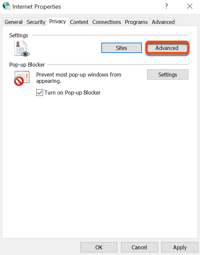 Internet Properties dialog on the Privacy tab, highlighting the Advanced button.