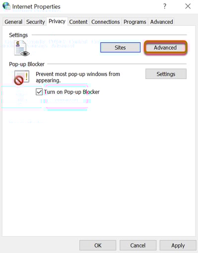 Internet Properties dialog on the Privacy tab, highlighting the Advanced button.