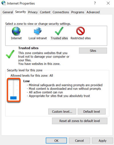 Internet Properties window showing the Trusted sites tab selected and the security level slider set to Low.