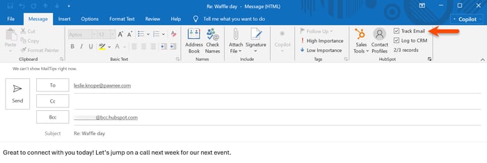 Outlook compose window, highlighting the option to track an email using the HubSpot Sales Outlook desktop add-in.