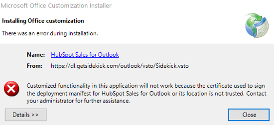 Installer error dialog showing a certificate trust issue when installing HubSpot Sales for Outlook, with options to view details or close the window.