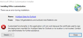 Installer error dialog showing a certificate trust issue when installing HubSpot Sales for Outlook, with options to view details or close the window.