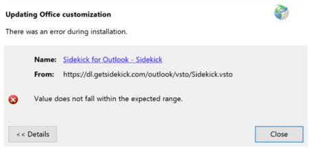 Installer error dialog showing the "Value does not fall within the expected range error message" when installing HubSpot Sales for Outlook