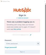 HubSpot Sales login window, displaying the error "There was a problem logging you in".