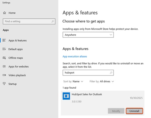 Windows 10 Apps & features menu showing HubSpot Sales for Outlook selected and the Uninstall button highlighted.