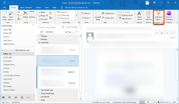A screenshot of Outlook, highlighting the HubSpot Sales add-in within the main ribbon.