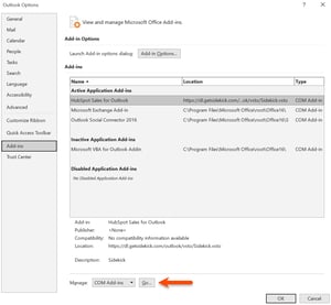 Outlook Options Add-ins page showing the list of active and inactive add-ins, with the Manage COM Add-ins dropdown and Go button highlighted.