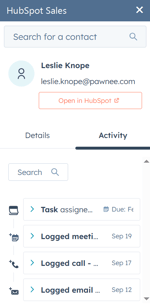 The contact profile activity timeline, as seen from the HubSpot Sales Outlook desktop add-in in Outlook.