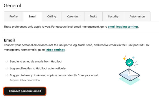 Email settings, highlighting the option to connect your personal email.