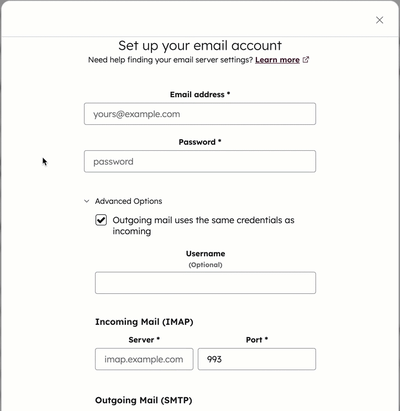 個人用Eメールを接続する際にSMTP Eメールを設定するための詳細オプション。
