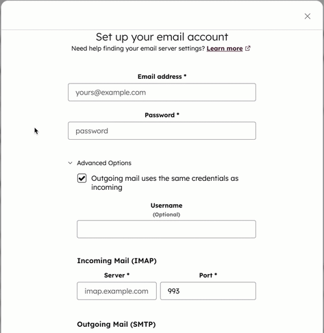 Advanced options for setting up SMTP email when connecting personal email.