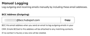 Email settings, displaying an example BCC address for manual email logging.