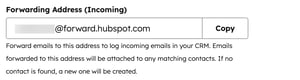 Email settings, displaying an example forwarding address for manual email logging.