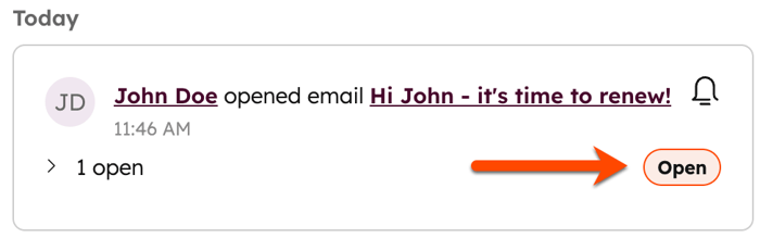 Activity feed notification for an email, showing an "Open" status
