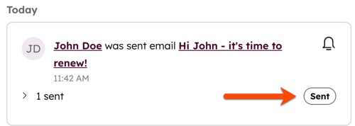 Activity feed notification for an email, showing a "Sent" status
