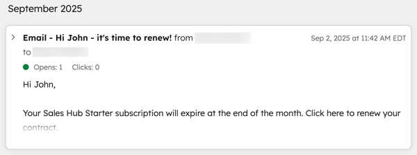 Example of a logged email on a contact's activity timeline
