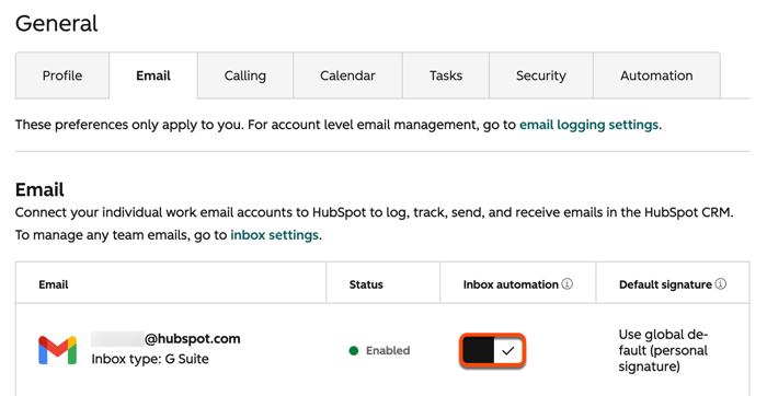 Email settings, highlighting the option to turn on inbox automation.