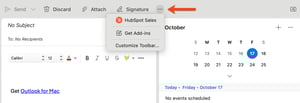 Outlook for Mac, highlighting how to access the HubSpot Sales Office 365 add-in from Outlook.