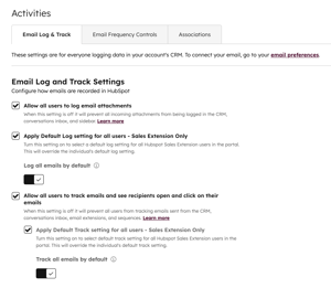 Email Log and Track Settings showing options to allow all users to log email attachments, apply default log settings for all users, allow all users to track emails, and apply default track settings for all users.