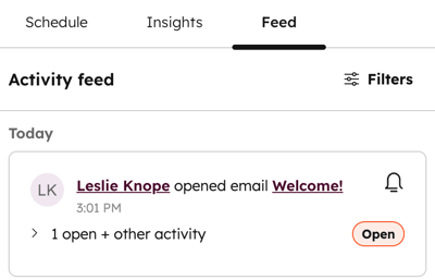 A screenshot of the Activity Feed showing a contact's recent email open.