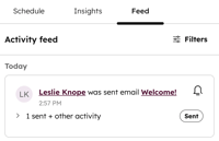 A screenshot of the Activity Feed showing a sent tracked email.
