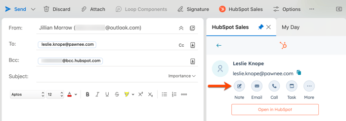 The HubSpot Sales Office 365 contact profile, showing the options to create a note, email, call, task, or meeting within the task pane.