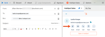 The HubSpot Sales Office 365 contact profile, showing the options to create a note, email, call, task, or meeting within the task pane.