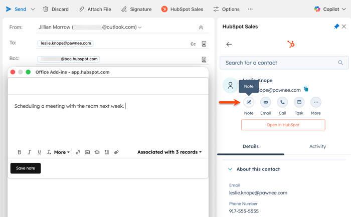 The HubSpot Sales Office 365 contact profile, showing the options to create a note, email, call, task, or meeting within the task pane.