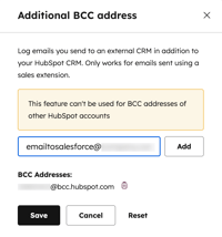 Extension settings dialog box used to add an additional BCC address.