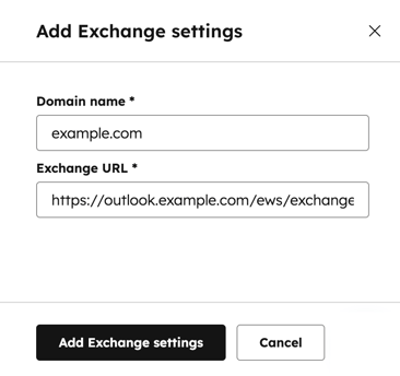 Fügen Sie Exchange-Einstellungen hinzu, in denen die Felder zum Hinzufügen des Domain-Namens und der Exchange-URL angezeigt werden.