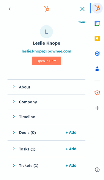 The HubSpot Sales Chrome extension contact profile, showing the option to create and associate a ticket record.