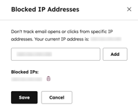 Extension settings dialog box used to prevent tracked email opens or clicks from the specified IP addresses.