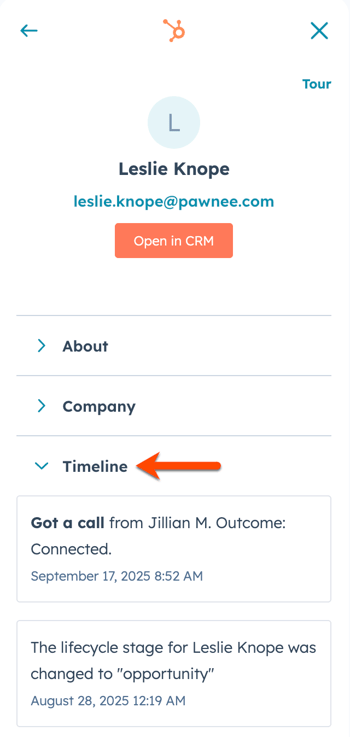 The HubSpot Chrome extension contact profile, displaying the contact's timeline expanded and displaying recent sales activities.