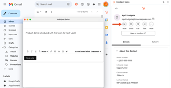 A Gmail inbox, displaying the HubSpot Sales Chrome extension open in the right side panel in Chrome. The option to create a new note for a contact is highlighted.