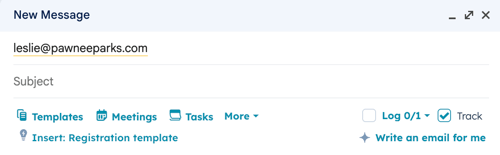 A Gmail email compose window showing a recipient email address and a toolbar with options for Templates, Meetings, Tasks, and More. The 'Track' checkbox is selected.