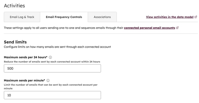 Activities settings for connected personal email accounts, showing send limits configured for 500 maximum emails per 24 hours and 10 per minute.