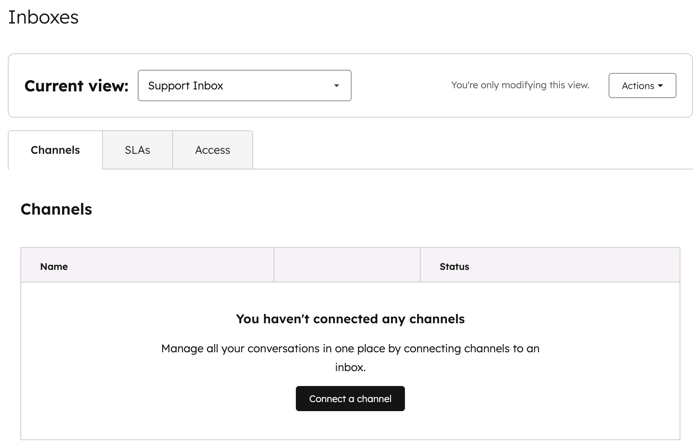 Ajustes de las bandejas de entrada, mostrando la pestaña Canales con un mensaje que indica que no hay canales conectados y un botón "Conectar un canal".