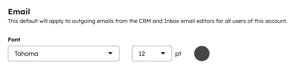 User defaults settings, displaying email font settings for emails from the CRM and Conversations Inbox.