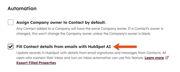 A screenshot of contact automation settings, highlighting the checkbox for “Fill Contact details from emails with HubSpot AI”.