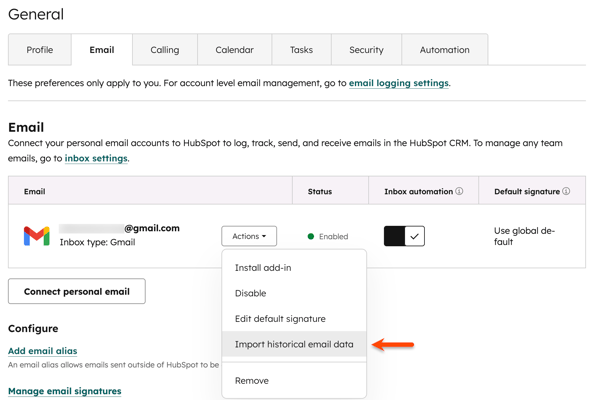 Email tab with connected inbox and Actions dropdown displaying Import historical email data option.