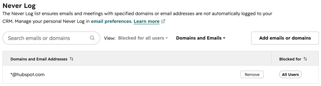 Account-wide never log settings, displaying the option to Add emails or domains to the never log list.