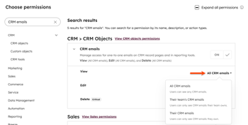 User permission settings, displaying view, edit, and delete options for CRM emails.