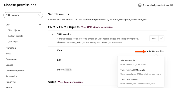 User permission settings, displaying view, edit, and delete options for CRM emails.