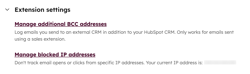 Extension settings displaying links to manage additional BCC addresses and blocked IP addresses.