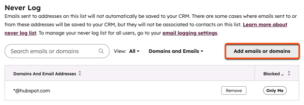 A screenshot of user never log settings, displaying the option to Add emails or domains to the never log list.