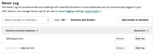 Personal never log settings, displaying the option to Add emails or domains to the never log list.