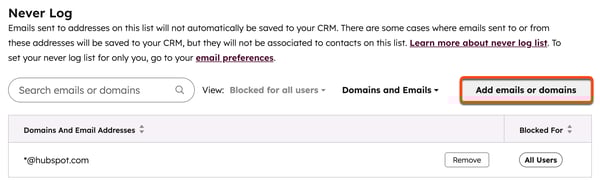 A screenshot of team never log settings, displaying the option to Add emails or domains to the never log list.