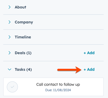 The HubSpot Sales Office 365 add-in contact panel, highlighting the option to add a task.